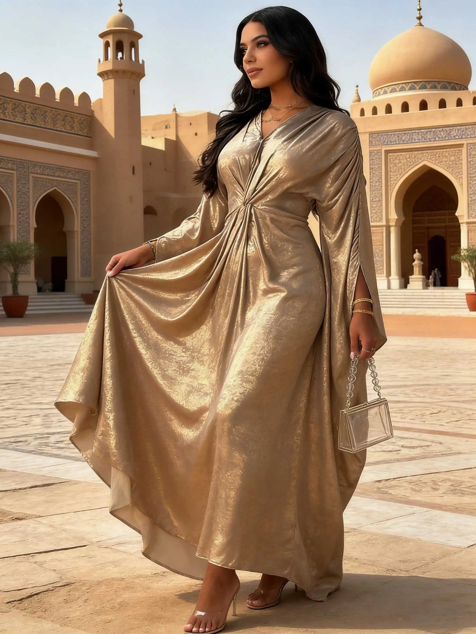 Robe maxi Abaya élégante en tissu doré brillant, col en V, détail torsadé, manches chauve-souris, femmes musulmanes, kaftan marocain, Ramadan, Jalabiya