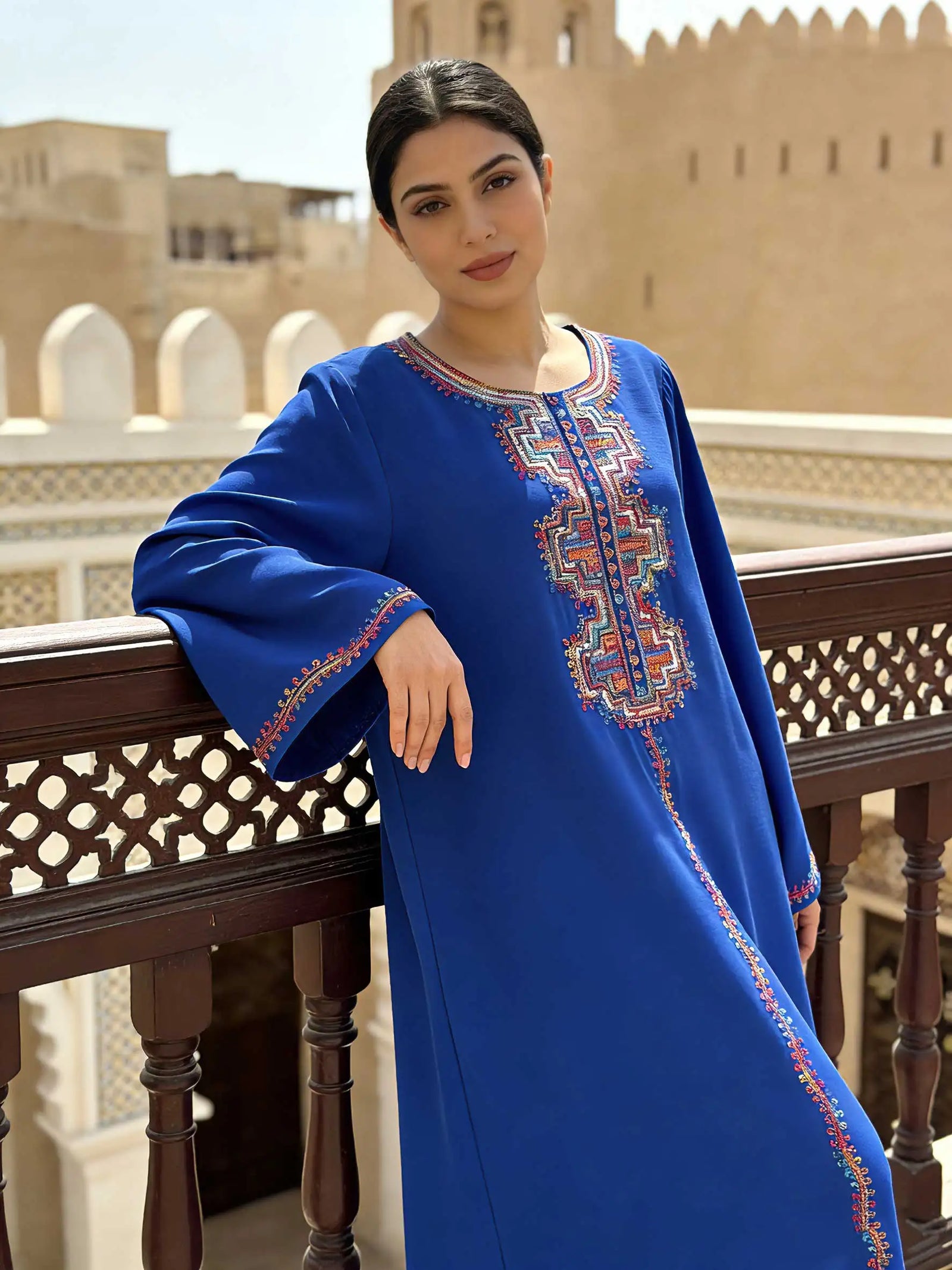 Abaya bleu Royal avec broderie ethnique géométrique multicolore pour femmes musulmanes caftan marocain Ramadan Islam dubaï Robes arabes 2026