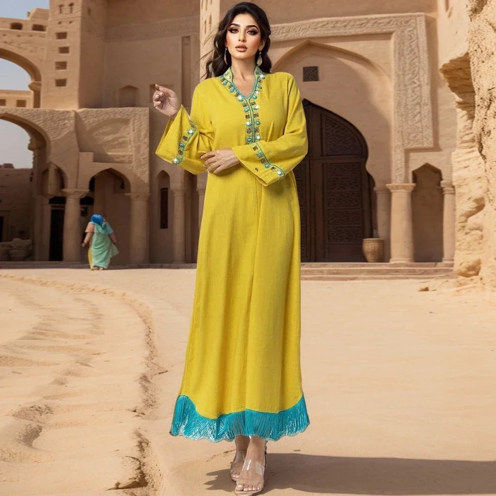 Abaya élégante à franges et diamants, kaftan Dubaï, robe de soirée musulmane pour femmes, robe turque Kebaya, caftan marocain, robe Jalabiya