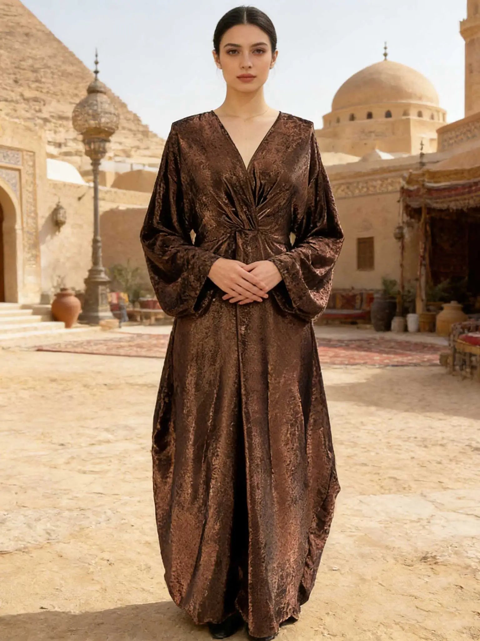 Robe maxi Abaya élégante en tissu doré brillant, col en V, détail torsadé, manches chauve-souris, femmes musulmanes, kaftan marocain, Ramadan, Jalabiya