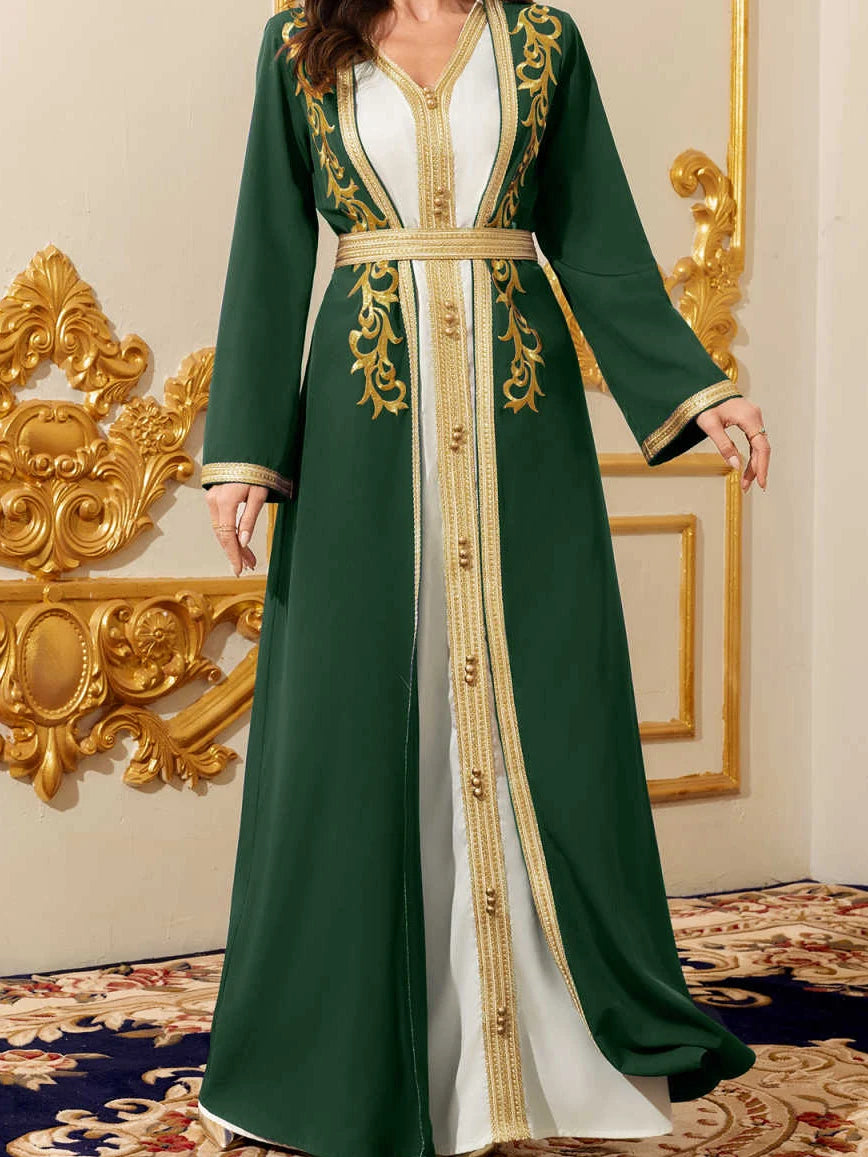 Moyen-Orient élégant Abaya marocain femmes brodé avec ceinture Robe à manches longues deux pièces dubaï Robe islamique