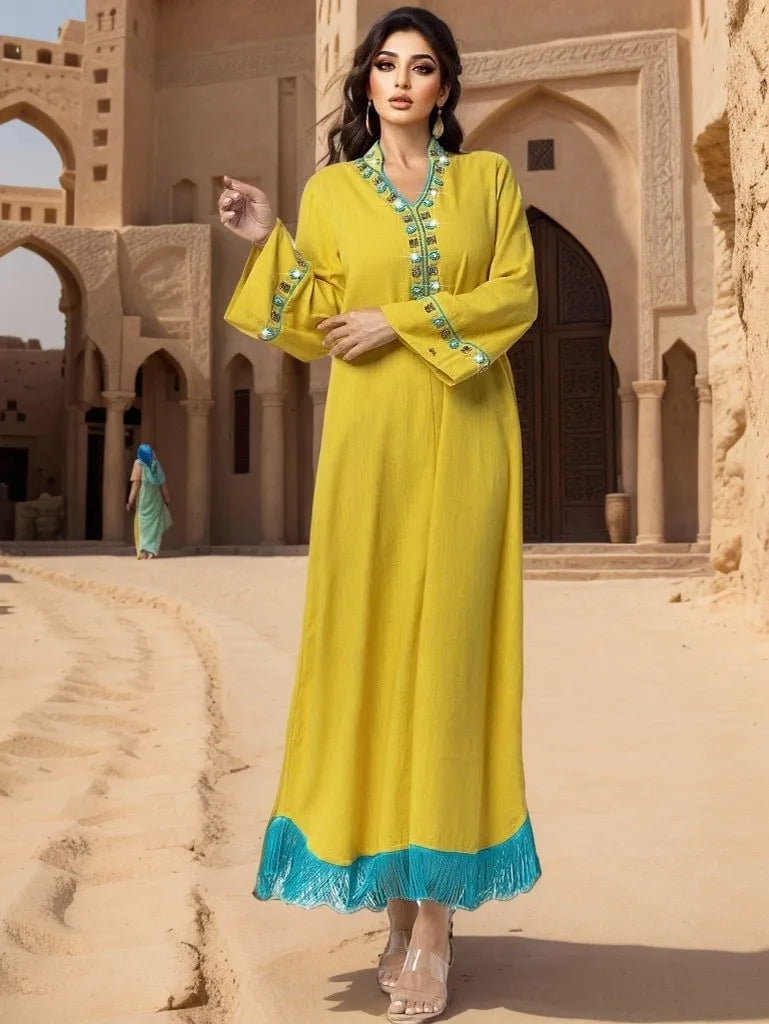 Abaya élégante à franges et diamants, kaftan Dubaï, robe de soirée musulmane pour femmes, robe turque Kebaya, caftan marocain, robe Jalabiya