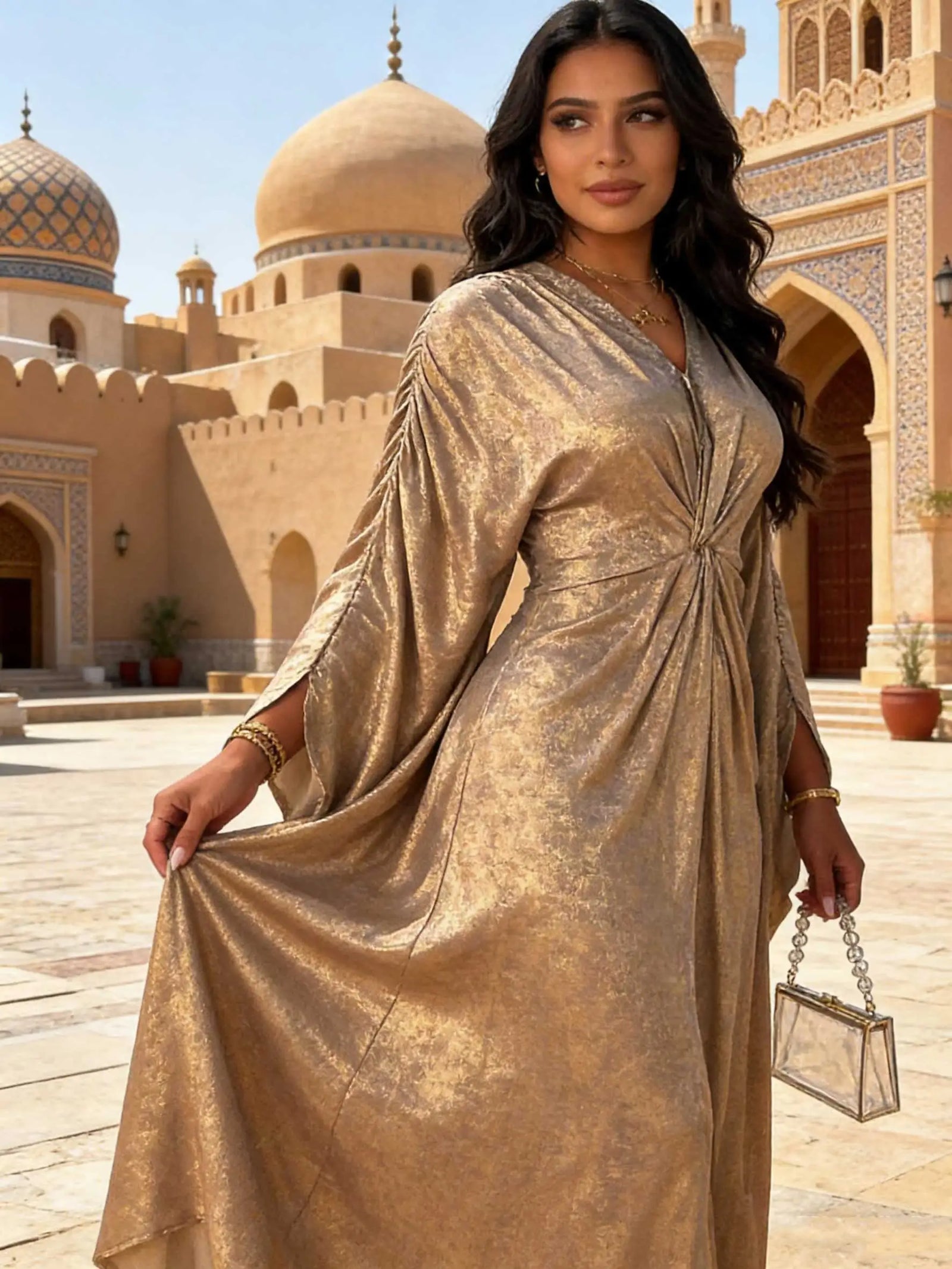 Robe maxi Abaya élégante en tissu doré brillant, col en V, détail torsadé, manches chauve-souris, femmes musulmanes, kaftan marocain, Ramadan, Jalabiya