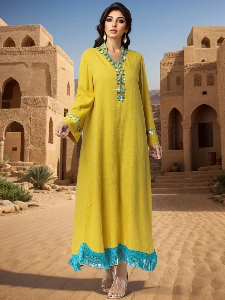 Abaya élégante à franges et diamants, kaftan Dubaï, robe de soirée musulmane pour femmes, robe turque Kebaya, caftan marocain, robe Jalabiya
