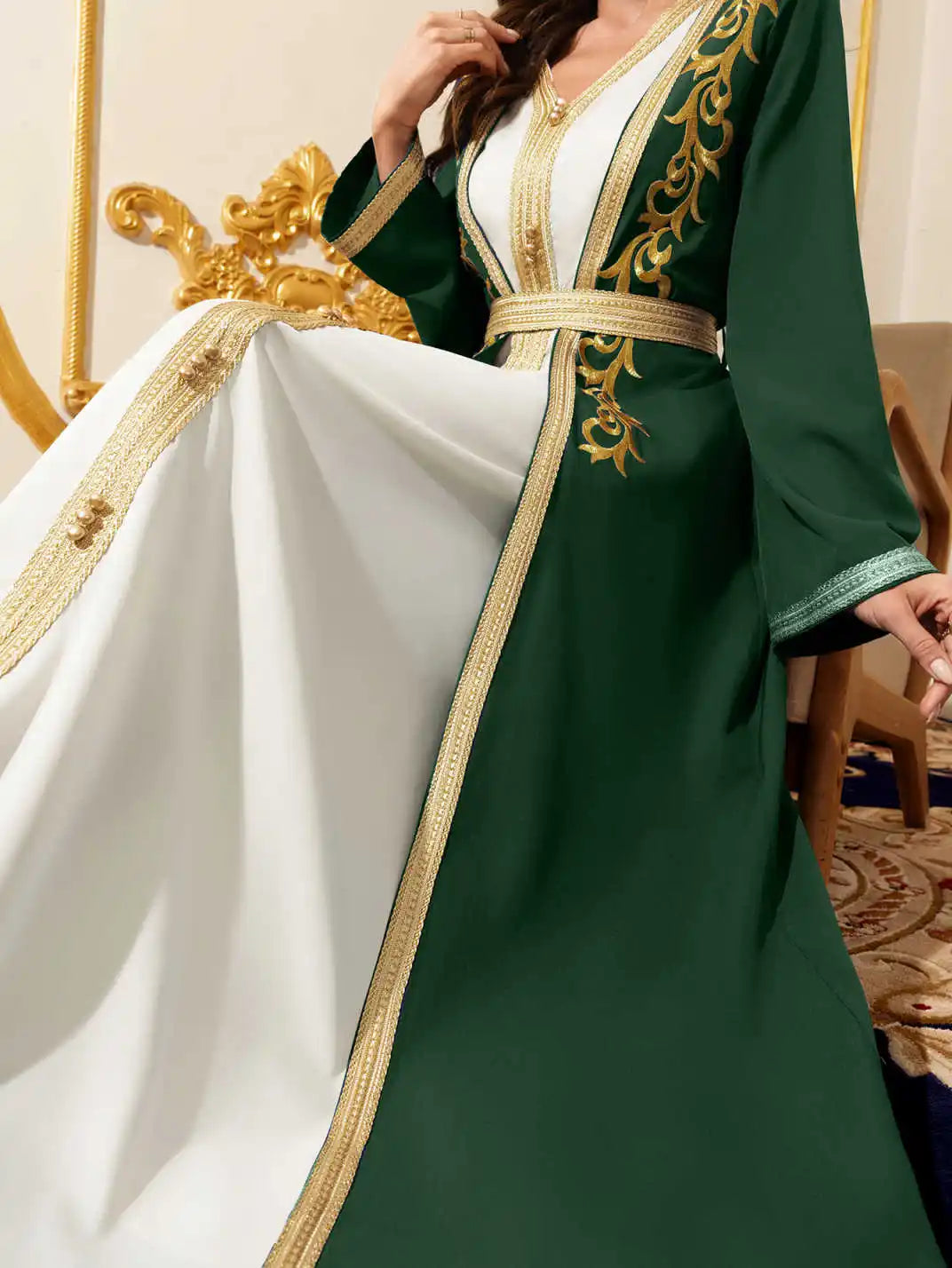 Moyen-Orient élégant Abaya marocain femmes brodé avec ceinture Robe à manches longues deux pièces dubaï Robe islamique