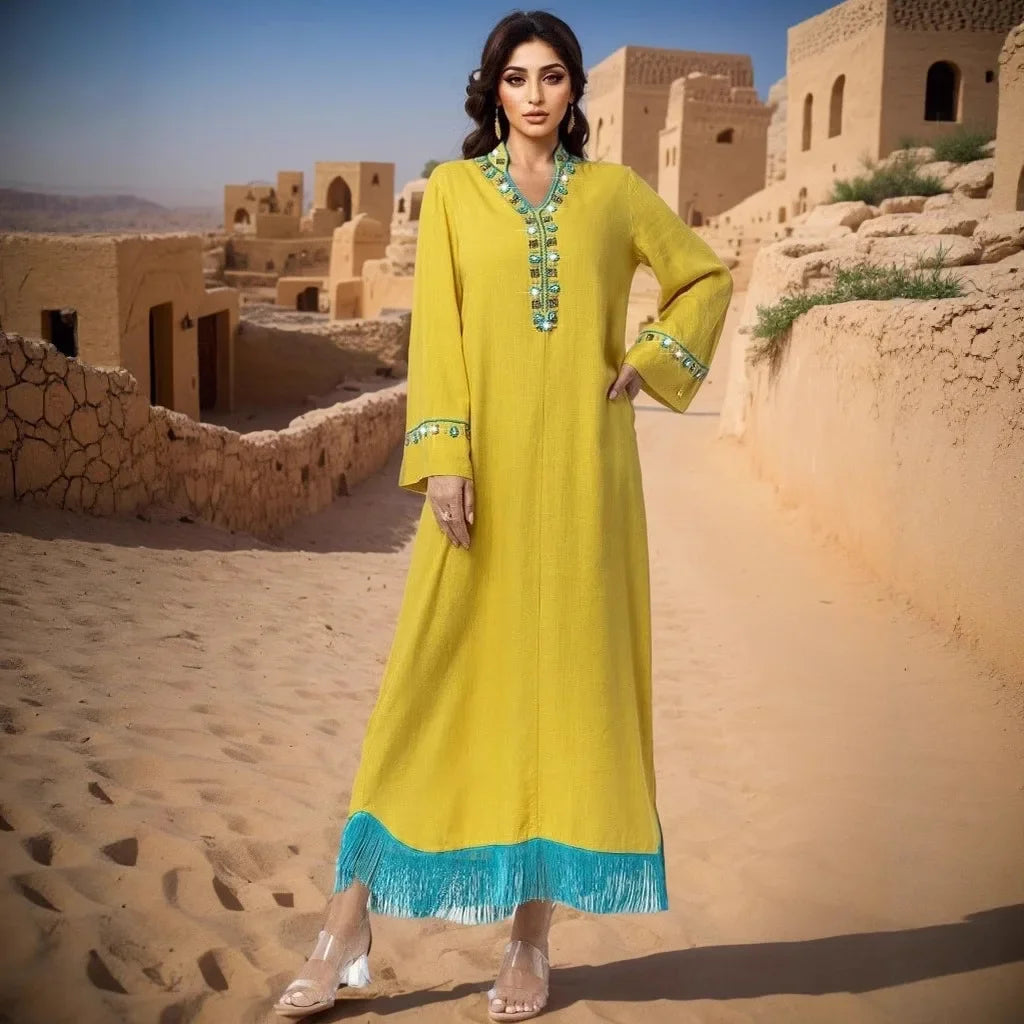 Abaya élégante à franges et diamants, kaftan Dubaï, robe de soirée musulmane pour femmes, robe turque Kebaya, caftan marocain, robe Jalabiya