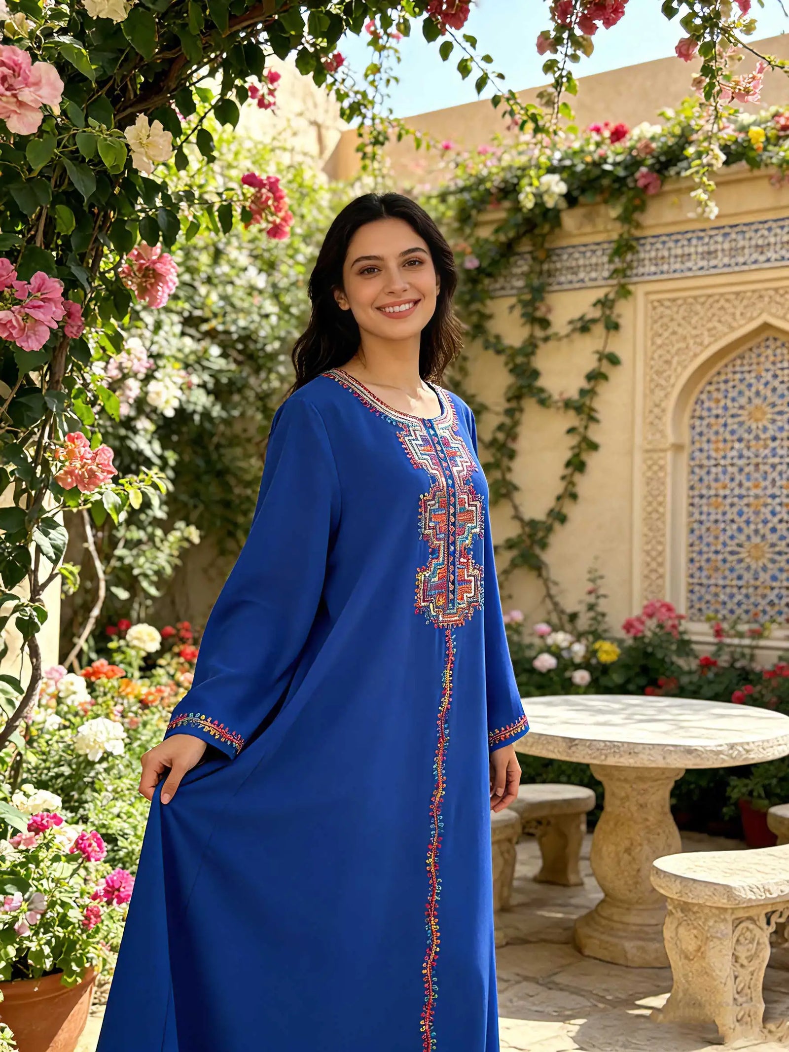 Abaya bleu Royal avec broderie ethnique géométrique multicolore pour femmes musulmanes caftan marocain Ramadan Islam dubaï Robes arabes 2026
