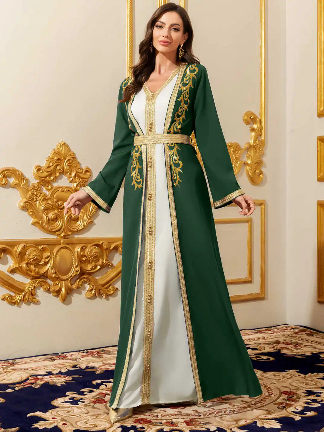 Moyen-Orient élégant Abaya marocain femmes brodé avec ceinture Robe à manches longues deux pièces dubaï Robe islamique