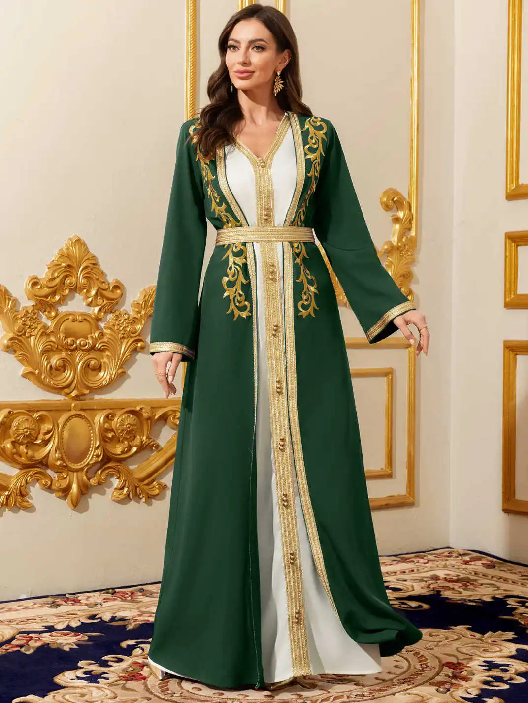 Moyen-Orient élégant Abaya marocain femmes brodé avec ceinture Robe à manches longues deux pièces dubaï Robe islamique