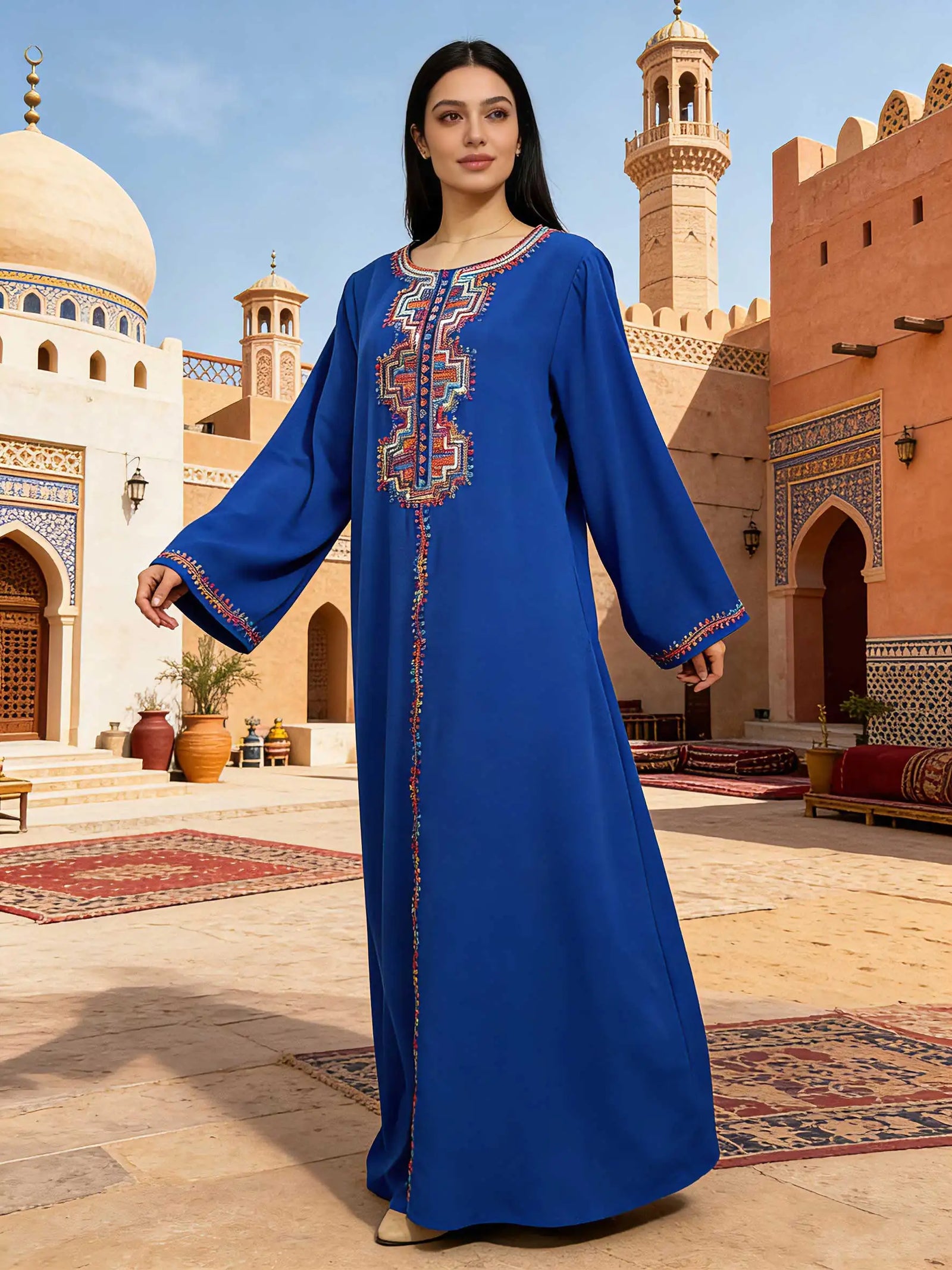 Abaya bleu Royal avec broderie ethnique géométrique multicolore pour femmes musulmanes caftan marocain Ramadan Islam dubaï Robes arabes 2026