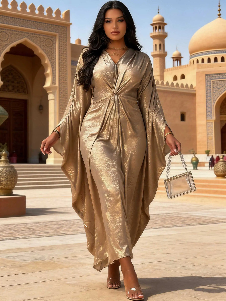 Robe maxi Abaya élégante en tissu doré brillant, col en V, détail torsadé, manches chauve-souris, femmes musulmanes, kaftan marocain, Ramadan, Jalabiya