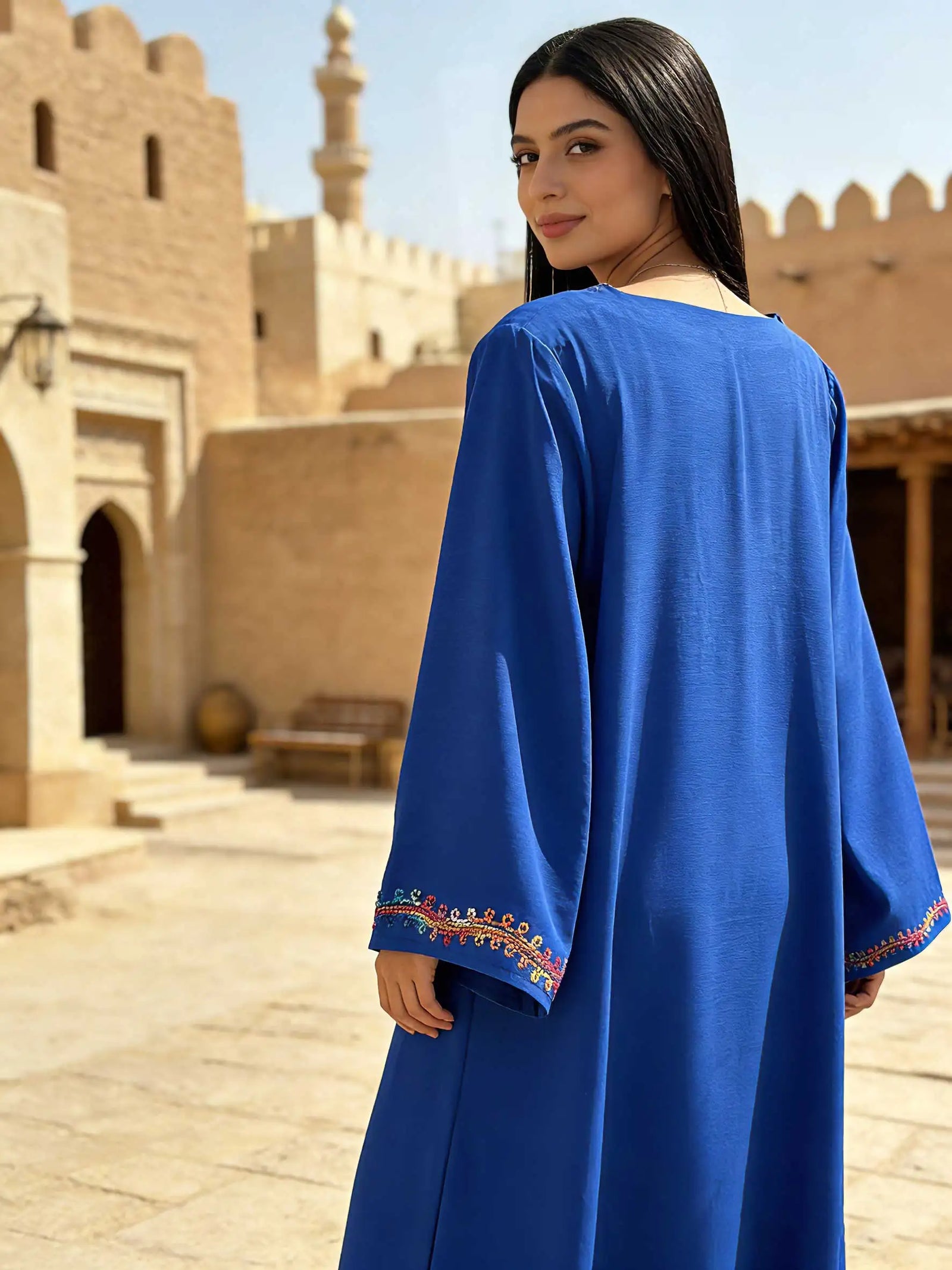 Abaya bleu Royal avec broderie ethnique géométrique multicolore pour femmes musulmanes caftan marocain Ramadan Islam dubaï Robes arabes 2026