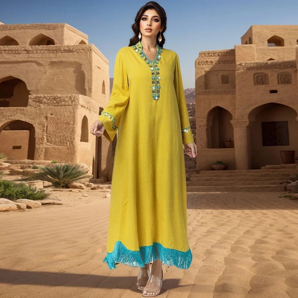 Abaya élégante à franges et diamants, kaftan Dubaï, robe de soirée musulmane pour femmes, robe turque Kebaya, caftan marocain, robe Jalabiya