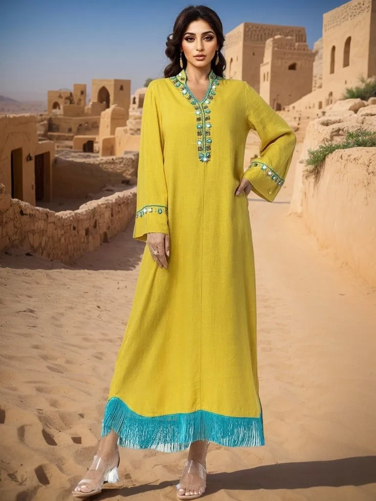 Abaya élégante à franges et diamants, kaftan Dubaï, robe de soirée musulmane pour femmes, robe turque Kebaya, caftan marocain, robe Jalabiya
