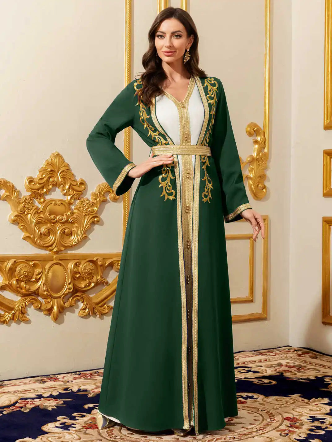 Moyen-Orient élégant Abaya marocain femmes brodé avec ceinture Robe à manches longues deux pièces dubaï Robe islamique