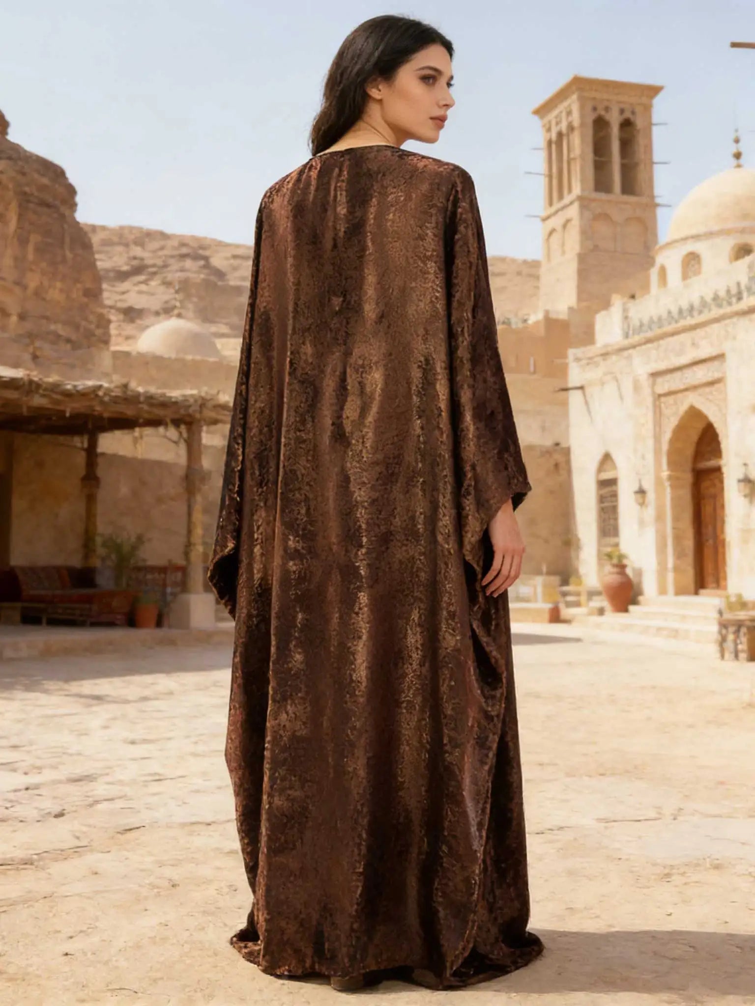 Robe maxi Abaya élégante en tissu doré brillant, col en V, détail torsadé, manches chauve-souris, femmes musulmanes, kaftan marocain, Ramadan, Jalabiya